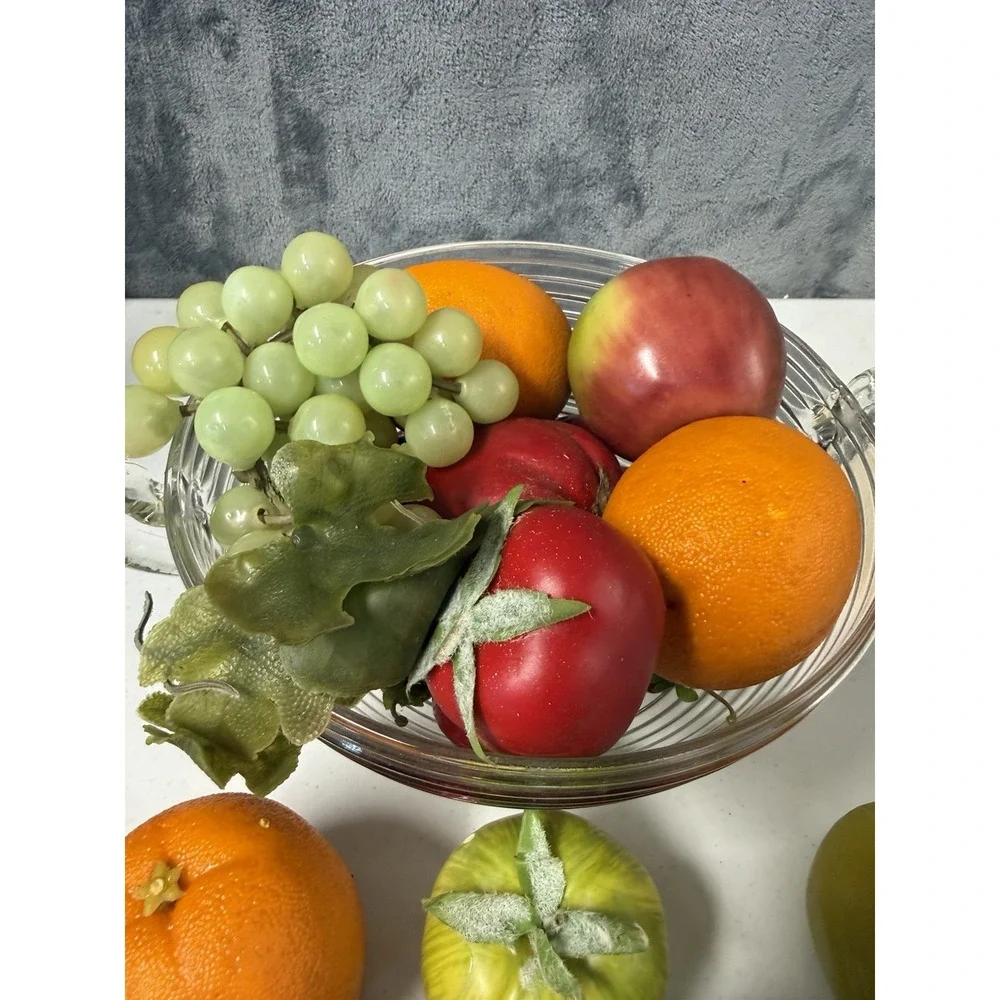 Vtg Anchor Hocking Manhattan Clear Glass Pedestal Fruit Bowl & Faux Fruit Set